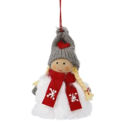 Anhänger Wichtel Mit Schal, Mädchen/grau/rot, 11 Cm