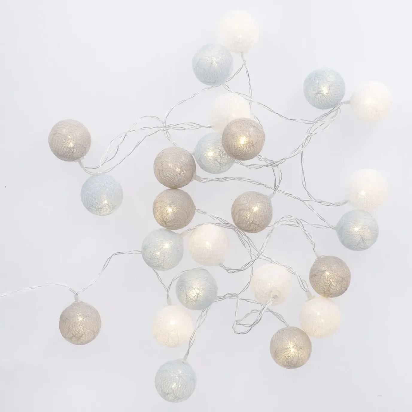 LED-Lichterkette Textilball, Hellblau/weiß/hellgrau, 24er